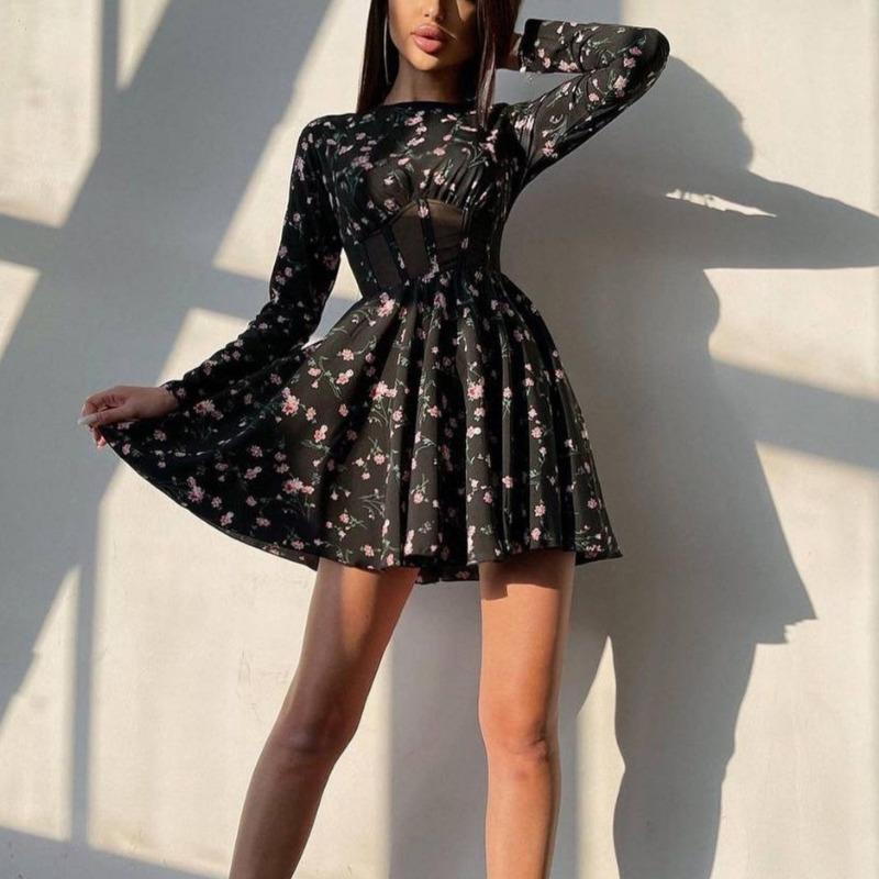 Women's Long Sleeved Summer Round Neck Floral Dress Sexy Mesh Hollow Out Short Skirt Hollow Out Patchwork Dress