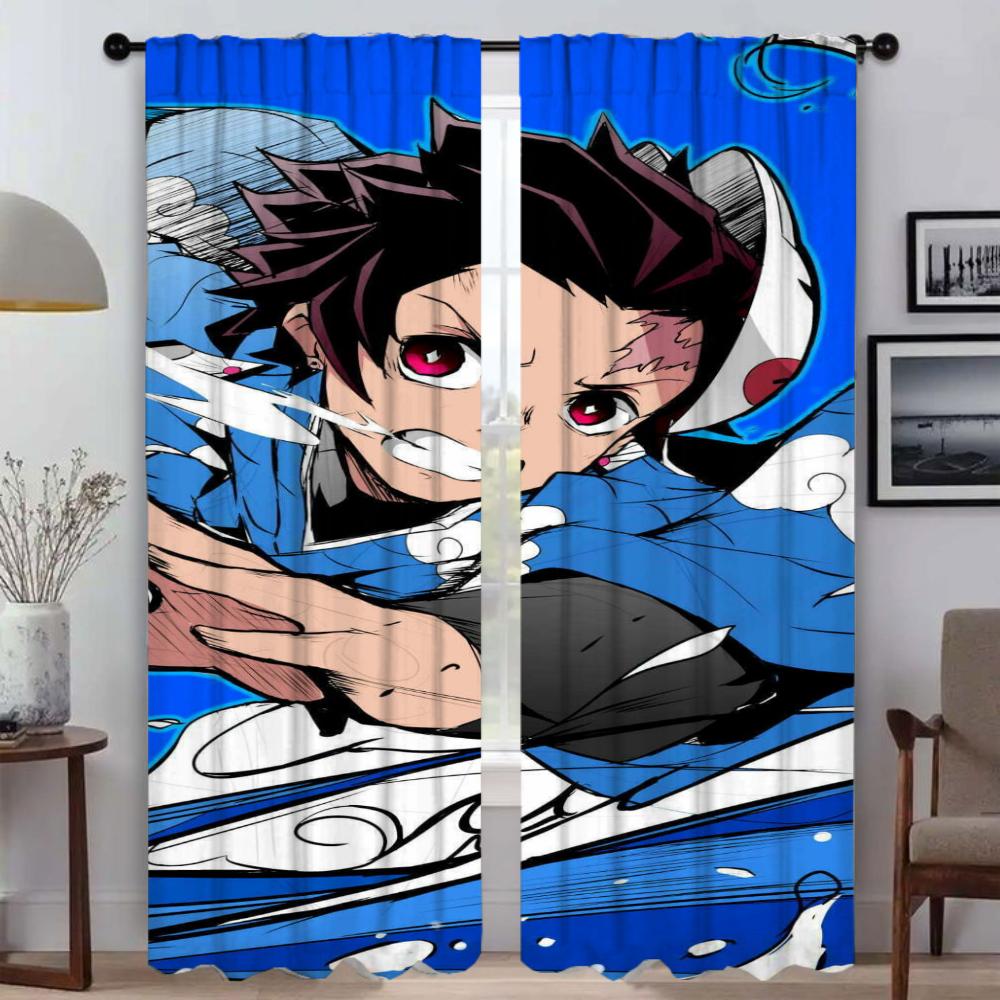 Demon Slayer Elegant Room Curtains for Living Room Halloween Decoration Home Interior Curtains 2 Pieces Tulle for Bedroom Shades