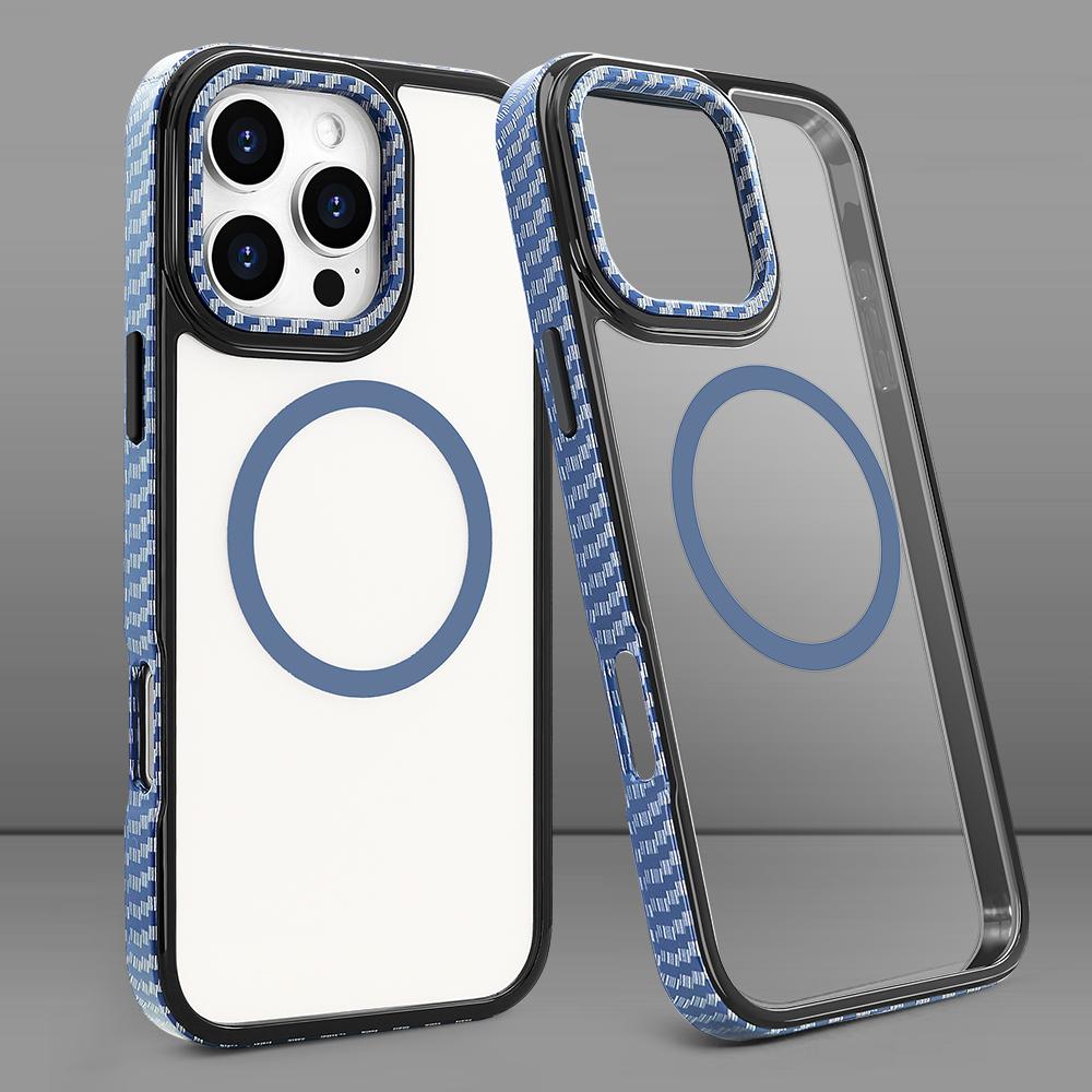 For iPhone 16 pro Max Strong Magnetic Phone Case Carbon Fiber Pattern Frame Transparent Cover for iPhone 16 pro, Wireless Charge