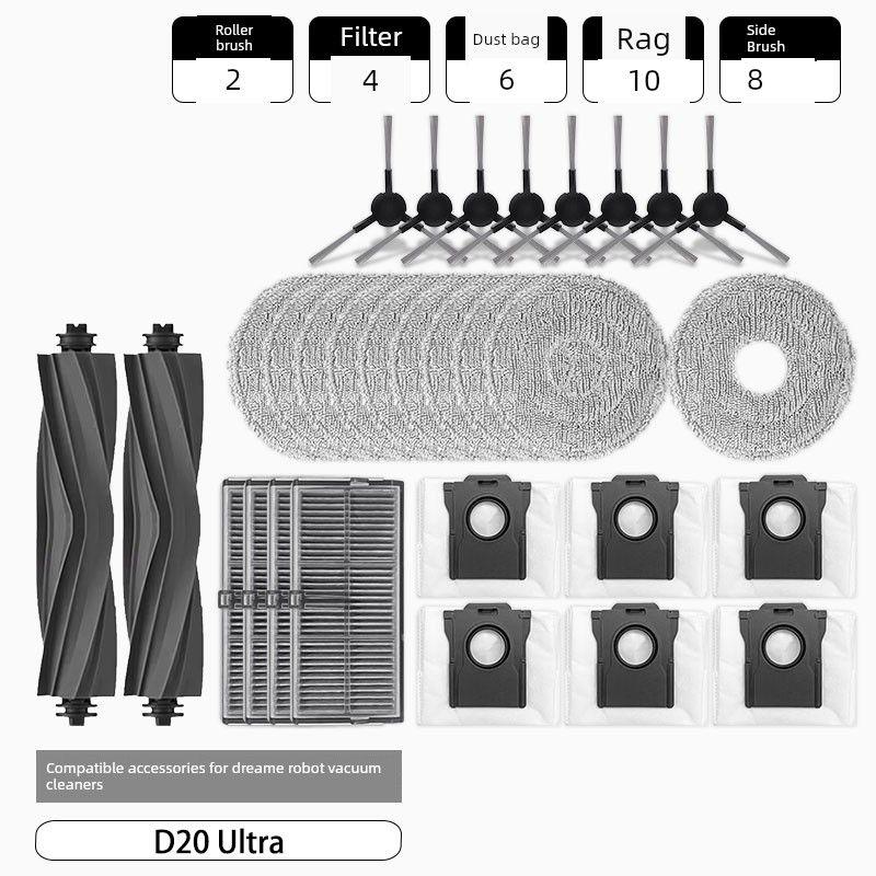Accessories for Dreame D20 Ultra Robot Vacuum Cleaner: Roller Brush, Side Brush, Filter, Mop Cloth, Dust Bag