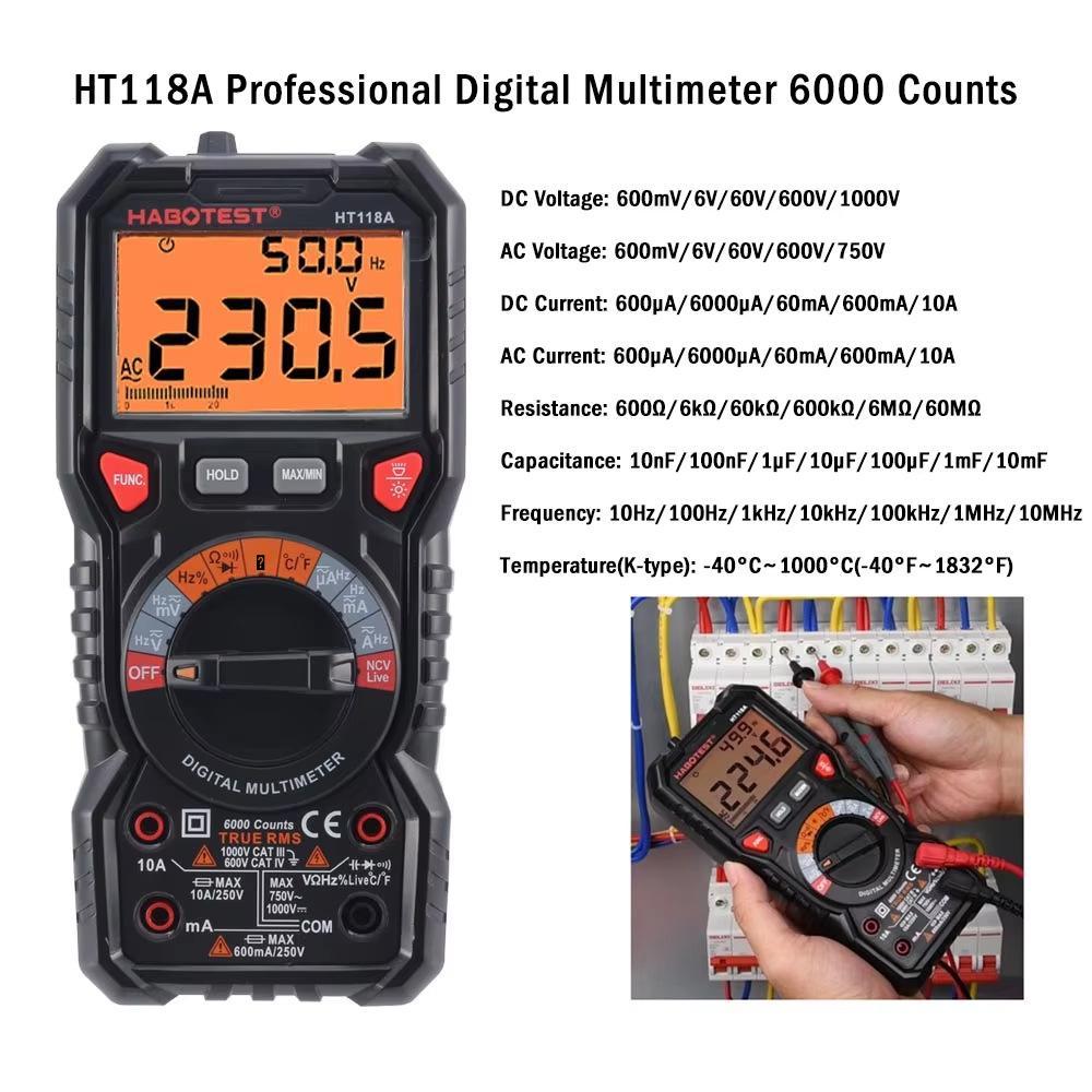 Huabo HT118A High Precision Dual Backlight Digital Multimeter for AC/DC Voltage and Current Measurement