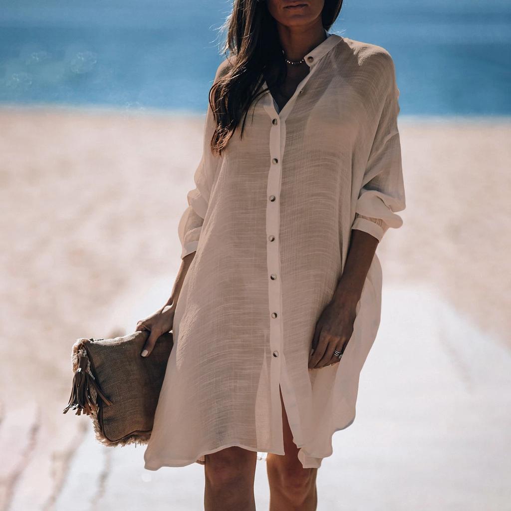 Women's Solid Color Shirt Cardigan Beach Coat Bikini Cover Up Vacation Swimsuit Blouse Sunscreen