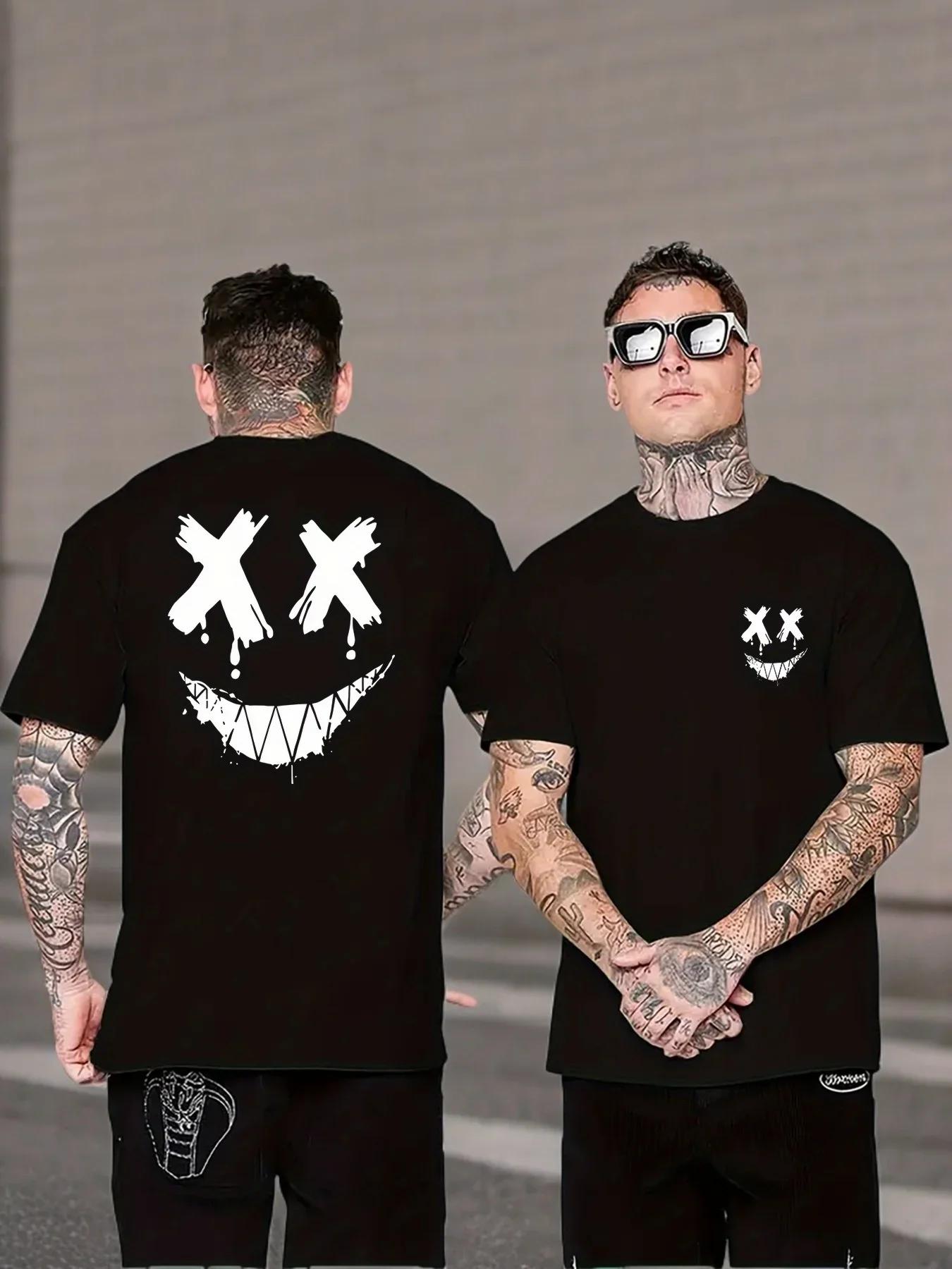 Lachendes Gesicht Muster Herren Baumwoll-T-Shirt Sportlich und Bequem Rundhals Kurzarm-T-Shirt Atmungsaktiv und Schnelltrocknend L