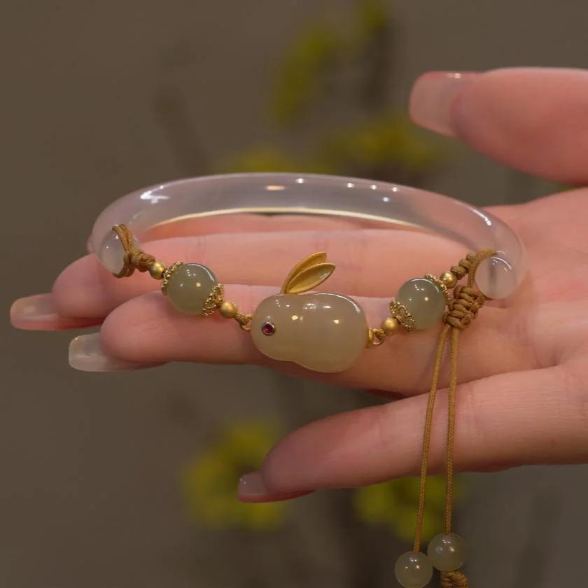 New Jade Rabbit Bracelet Weave Rope Adjustable Vintage Beads Bracelets Chinese Style Vintage Hand Ornaments Jewelry Gifts