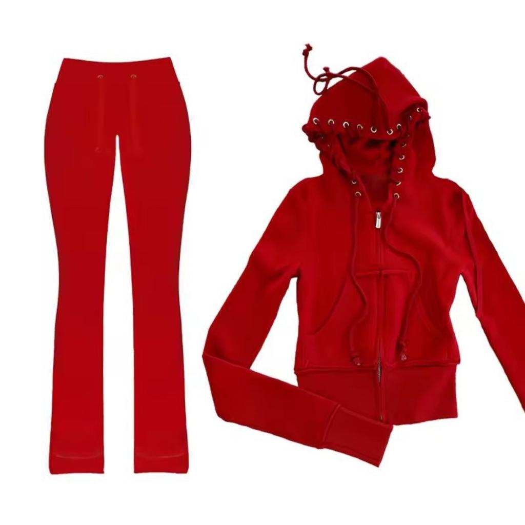2KWEIRD Autumn Winter Casual Sports Solid Color Splicing Knit Hoodie 2 Piece Sets Woman Outfit Pantsuits