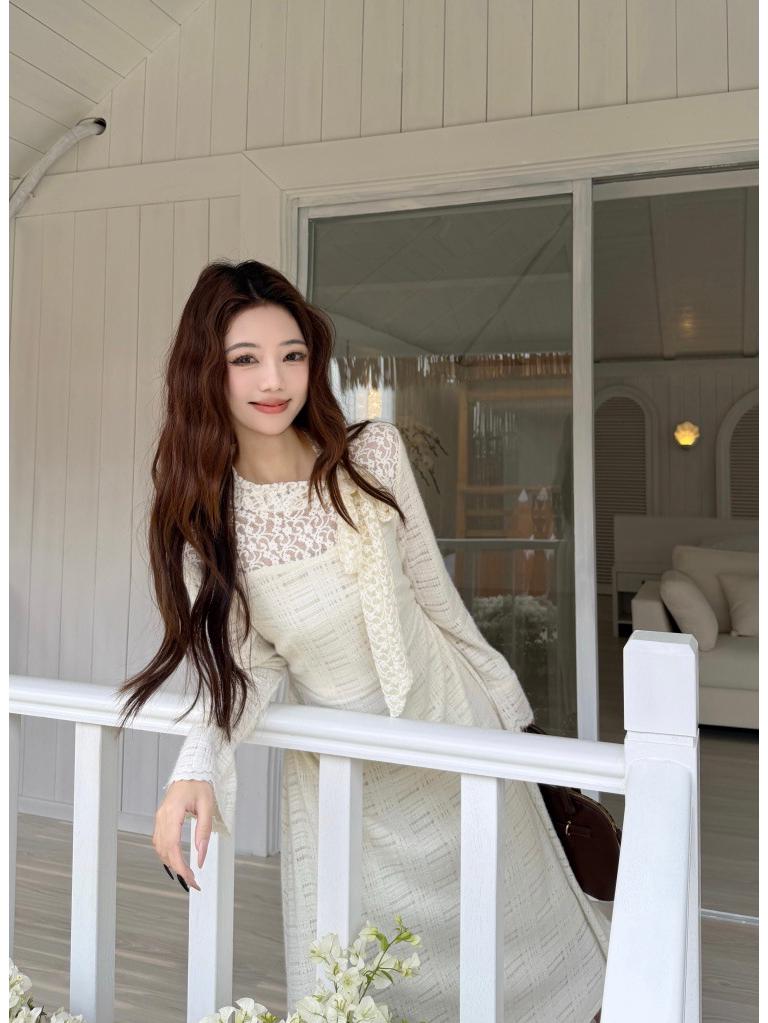 Women's High Neck Lace Crochet Dress with Bow Tie Waist, Long Sleeve, New 2026 Style