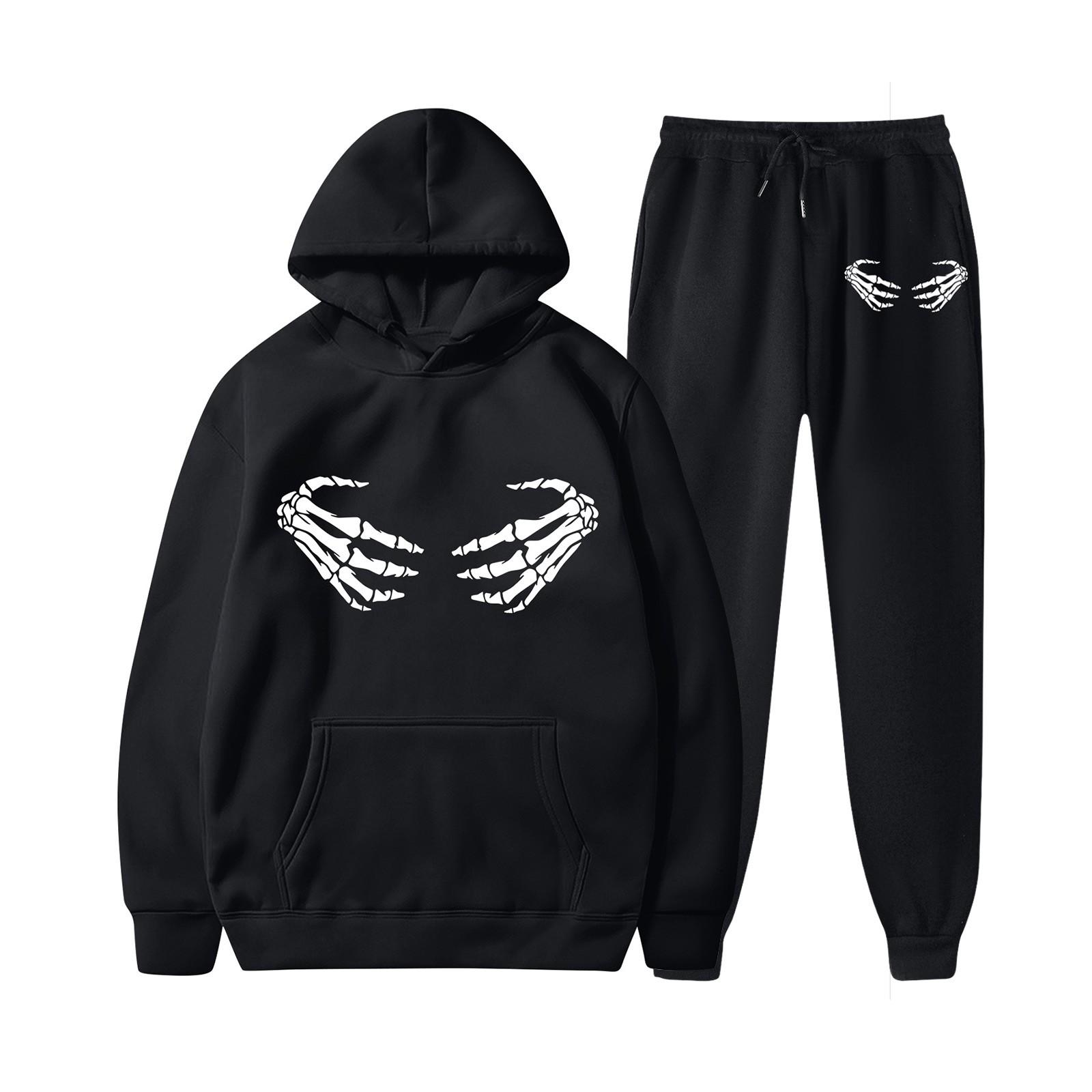 

Женские плюшевые штаны, свободный свитер с длинным рукавом, принт на Хэллоуин и комплект из двух предметов с капюшоном и веревкой XL чёрный