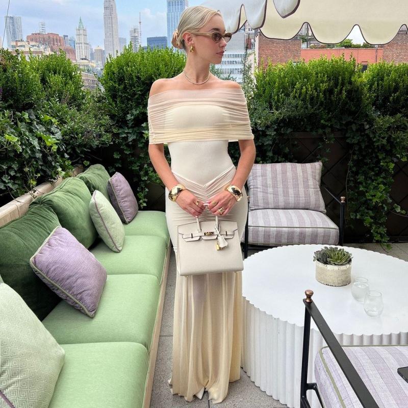 Spring Off-Shoulder Backless Maxi Dress For Women Gown Fashion Mesh Strapless Sleeveless Bodycon Long Dress Elegant