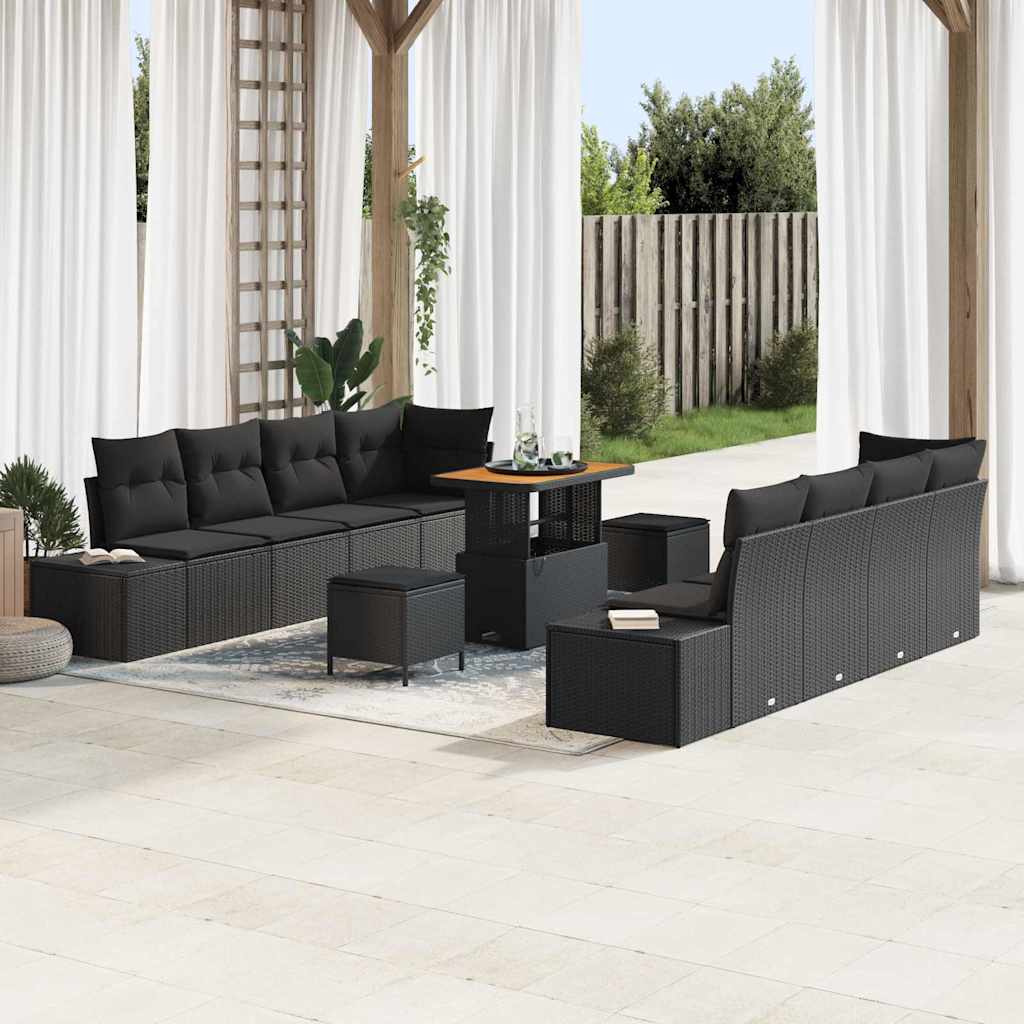 Garden Sofa Set with Cushions 11 pcs Black Poly Rattan