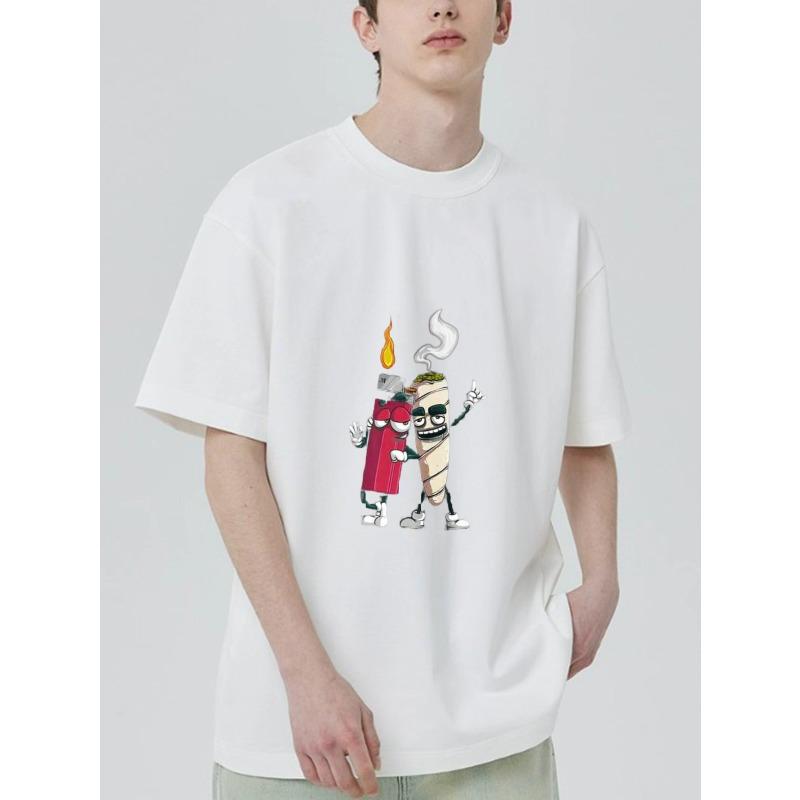 Crew Neck T Shirt Black Lighter and Joint Cartoon Print Casual Wear for Men and Women Streetwear Fashion Summer Outfit