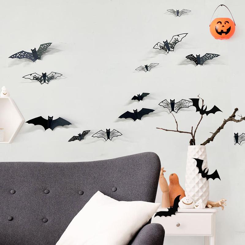 New Style 48PCS 3D Hollow Out Bat Sticker Mix Various Size Black Horror Bat Sticker Halloween Festive Atmosphere Decoration ZYF