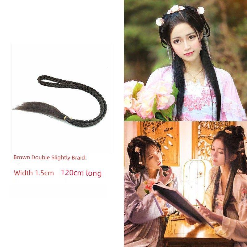 Ancient Costume Wig Double-Headed Twist Braid Republic of China Student Big Braid Chinese Bride Xiuhe Style Coiled Hair Wig Long Braid