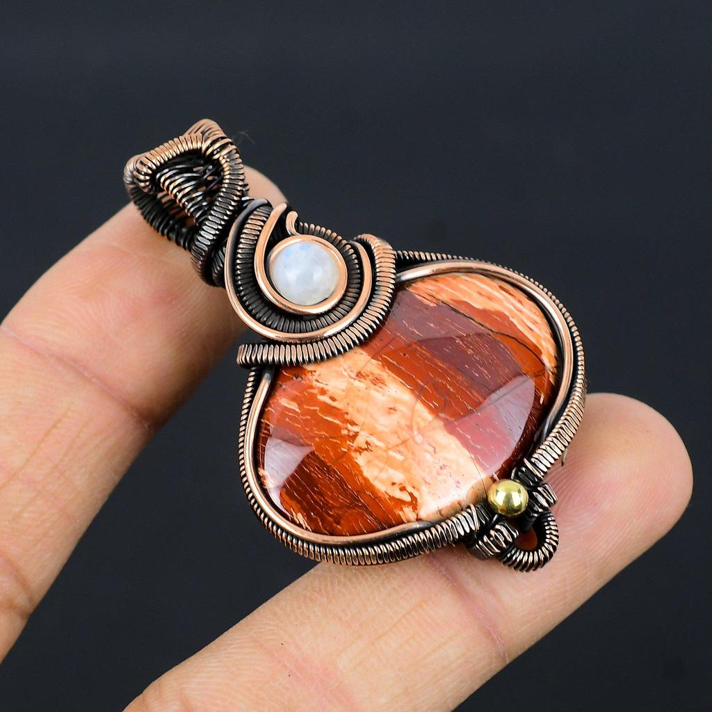 Red Snake Skin & Moonstone Pendant Gemstone Handmade Jewelry, 999 Copper Wire Wrapped Pendant, Gift For Wife Jewelry