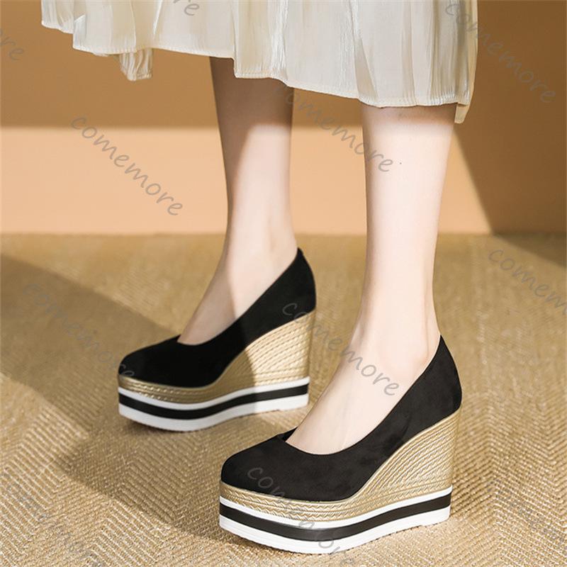Fashion Comemore Platform Wedge Heel Single Shoes for Women Spring Autumn Elegant Suede Pumps Shallow Mouth Round Head High Heels Shoes