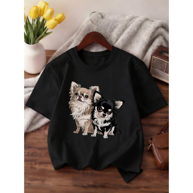 European Sizes Fashion Round Neck Short Sleeve, Suitable for Summer Girls' T-Shirt Print with Chihuahua Black And White Cartoon Pattern