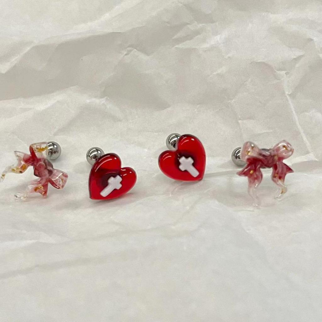 Chic Dark Sweet Spicy Peach Heart Cross Earrings with Bow and Resin Studs