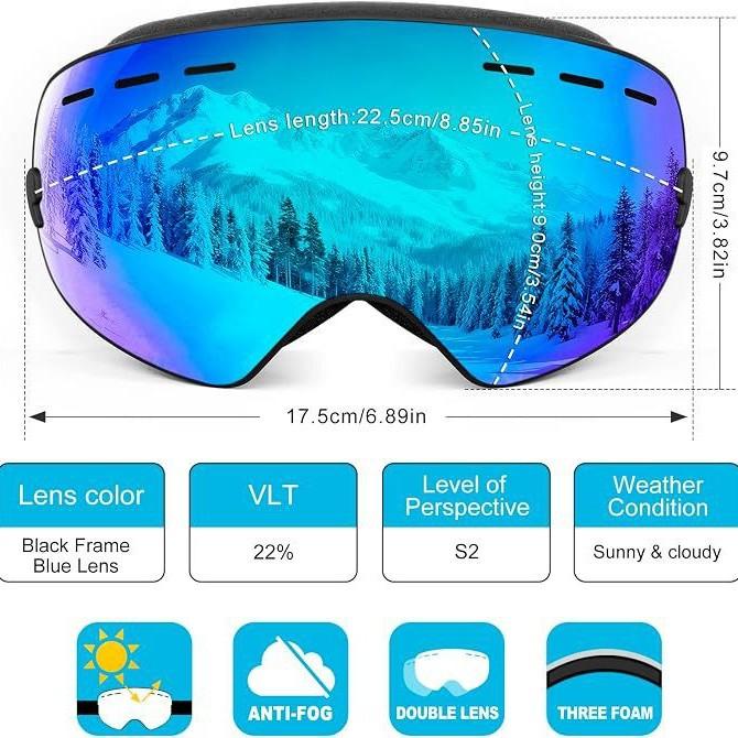 Ski goggles for men, women, and teenagers, snowboard goggles  Anti-fog snowmobile goggles can be worn over prescription glasses