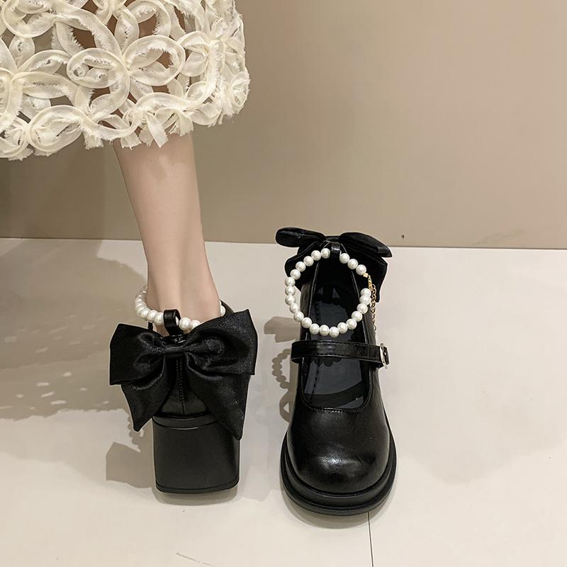 Fashion Butterfly-knot Thick Heel Women Mary Jane Shoes Fashion Shallow Pearl Ankle Buckle Shoes Ladies Outdoor Dress Pumps
