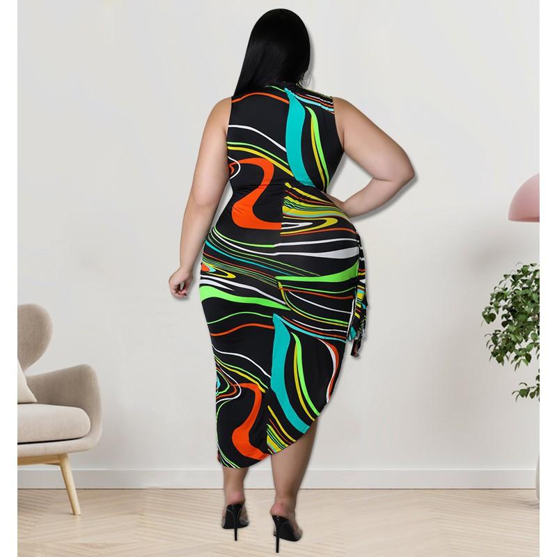 MY898 Plus Size Womens Knit Midi Dress 2025 Floral Print Sleeveless Wrap Front Bodycon Curvy Figures