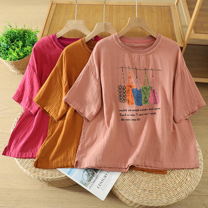 DIMANAF 2026 Plus Size Summer Women Blouse Shirts Tunic Oversize Loose Casual Cotton Linen Print Lady Tops