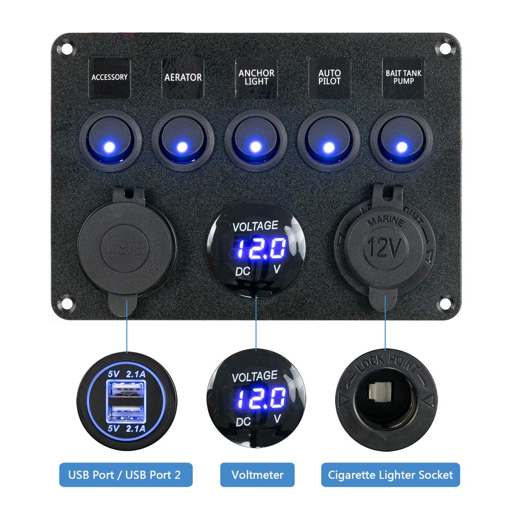 5 Gang LED Rocker Switch Panel Control Dual USB Port Încărcător Circuit Breaker ON-OFF Toggle pentru mașina, camioanele, barca marină, RV 12V 24V
