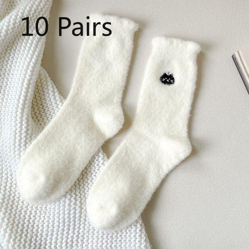 10 Pairs of Female Winter Thickened Warm Lovely Embroidered Cartoon Tube Stack Floor Socks