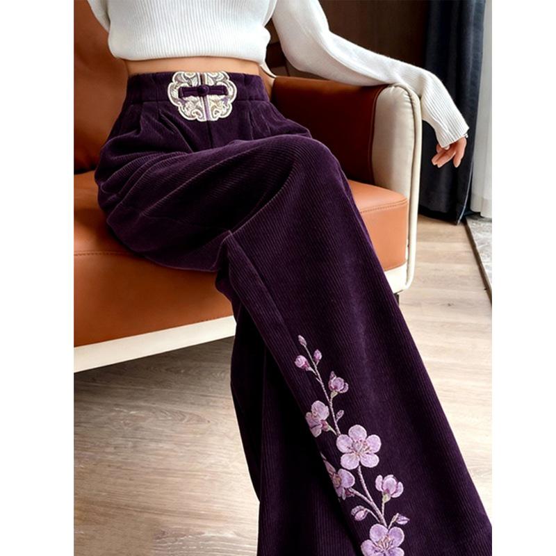 European Cotton Velvet Frog Button Wide-Leg Pants - Dark Purple, Plus Velvet, Chinese Style 2026 XL (Recommended 130-150 lbs) темно-фиолетового