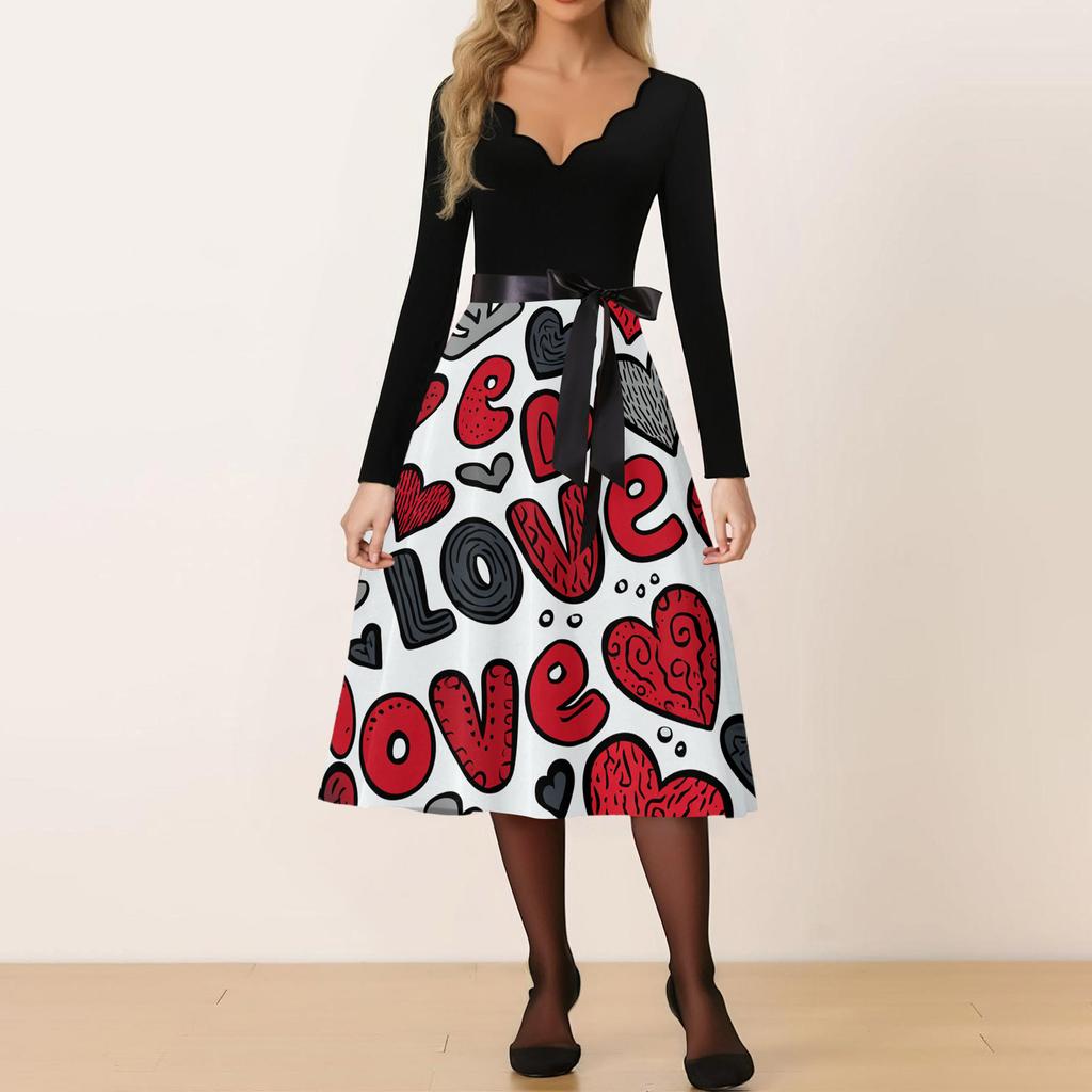 Damen Freizeitmode V-Ausschnitt Valentinstag Print Retro Kleid