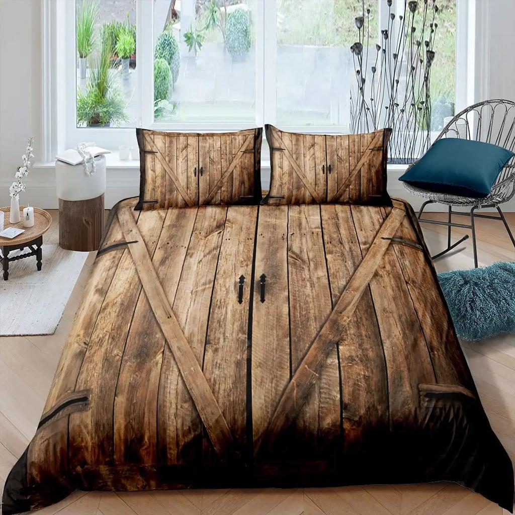 Rustic Wooden Barn Duvet Cover Set Wood Rustic Bedding Set Full King SizeFarm Farmhouse Comforter CoverPlank Wall Quilt Cover