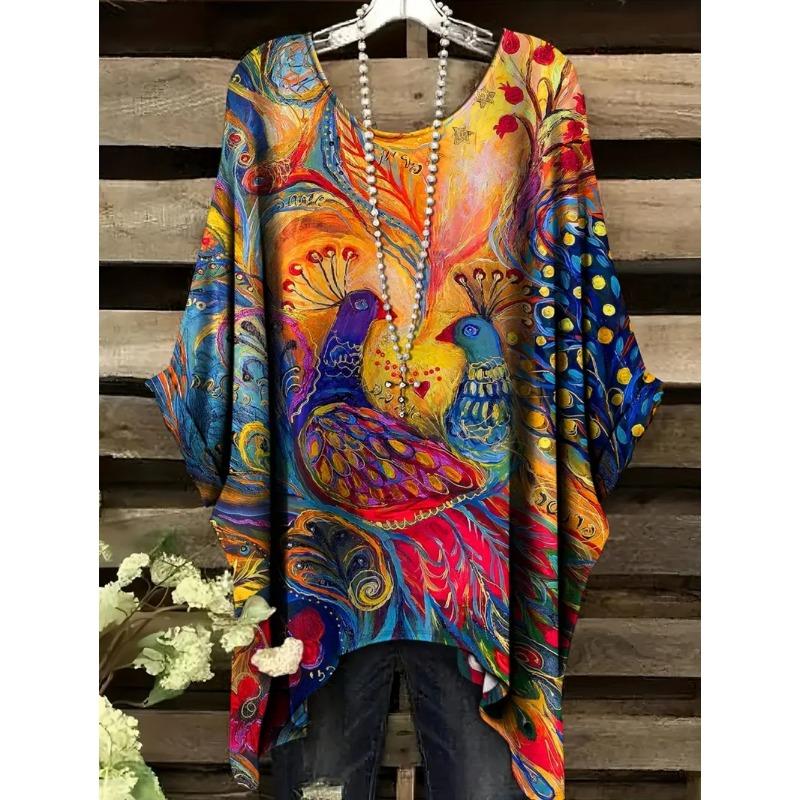 T-shirt Estiva da Donna Stampa Colibrì Pavone Girocollo Coda Comoda Manica Corta Oversize Orlo Irregolare Top