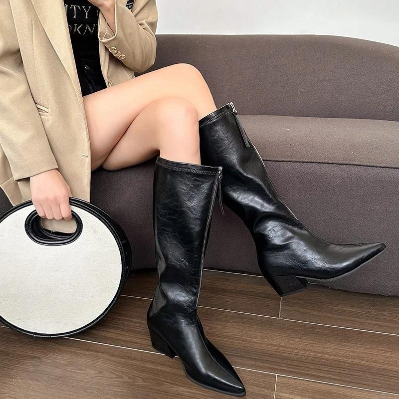 Fashion Pointed Toe Zipper Knee High Shaft Shoes Woman New In Footwear On Offer Goth Designer Luxury Pu 2025 Rock Long Boots for Women