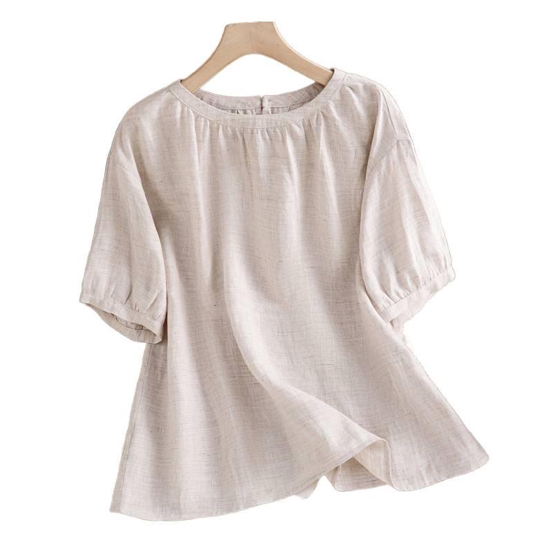 Women's Summer 2026 Imitation Han Linen Short-Sleeve T-Shirt - Artistic Solid Color Design