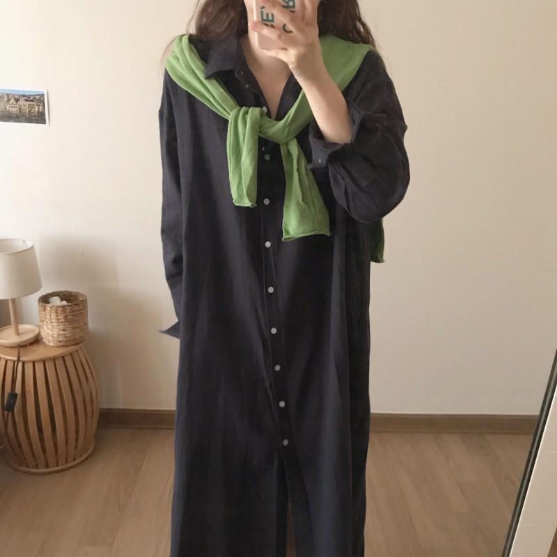 588 Korean Long Loose Cotton-Linen Shirt Dress - Plus Size, 2025 Spring Collection