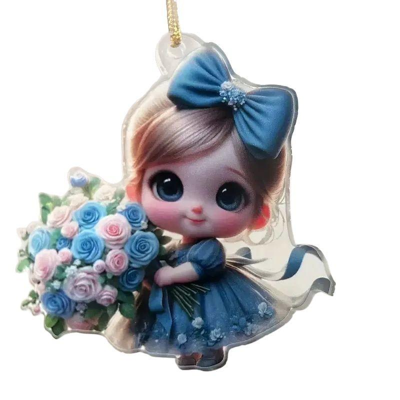 Acrylic Surface Flat Pendant With Girl Holding Flower Design For Backpack Decor