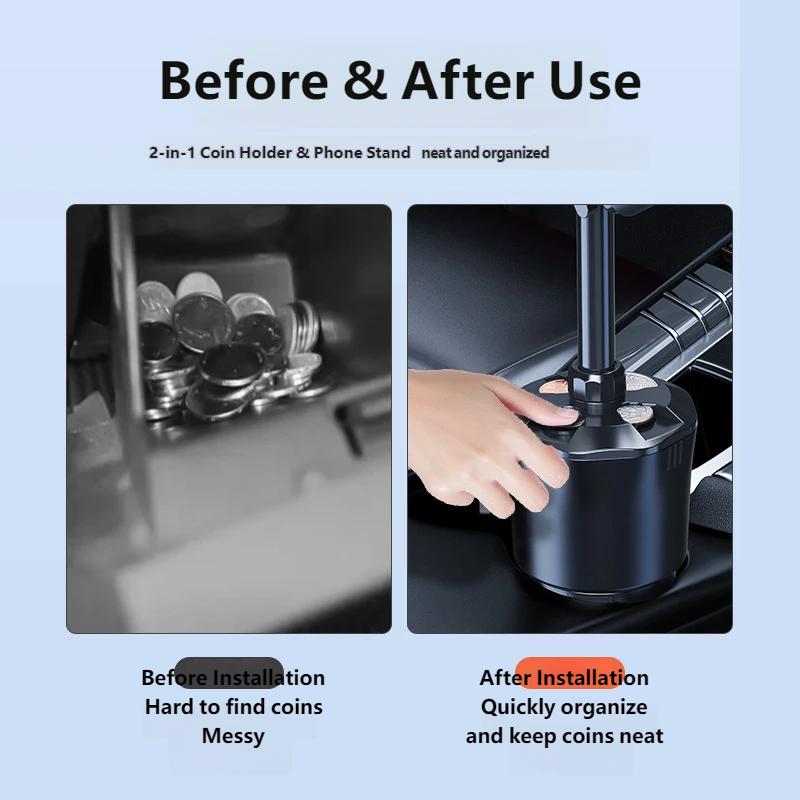 Multifunctional Car Coin Holder Cup Phone Mount, Foldable Stand for Cup Holder, Vehicle Money Storage Box Organizer