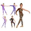 Girls Shiny Rhinestone Printed Gymnastics Jumpsuit Asymmetrical Full Length Bodysuit