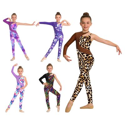 Girls Shiny Rhinestone Printed Gymnastics Jumpsuit Asymmetrical Full Length Bodysuit