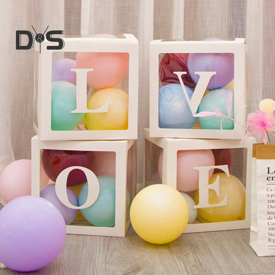 4 Pcs Balloon Box DIY Assembly Transparent Paper Box Balloon Box with Letters Reusable Stackable Cube Decorative Box for Party Wedding Birthday