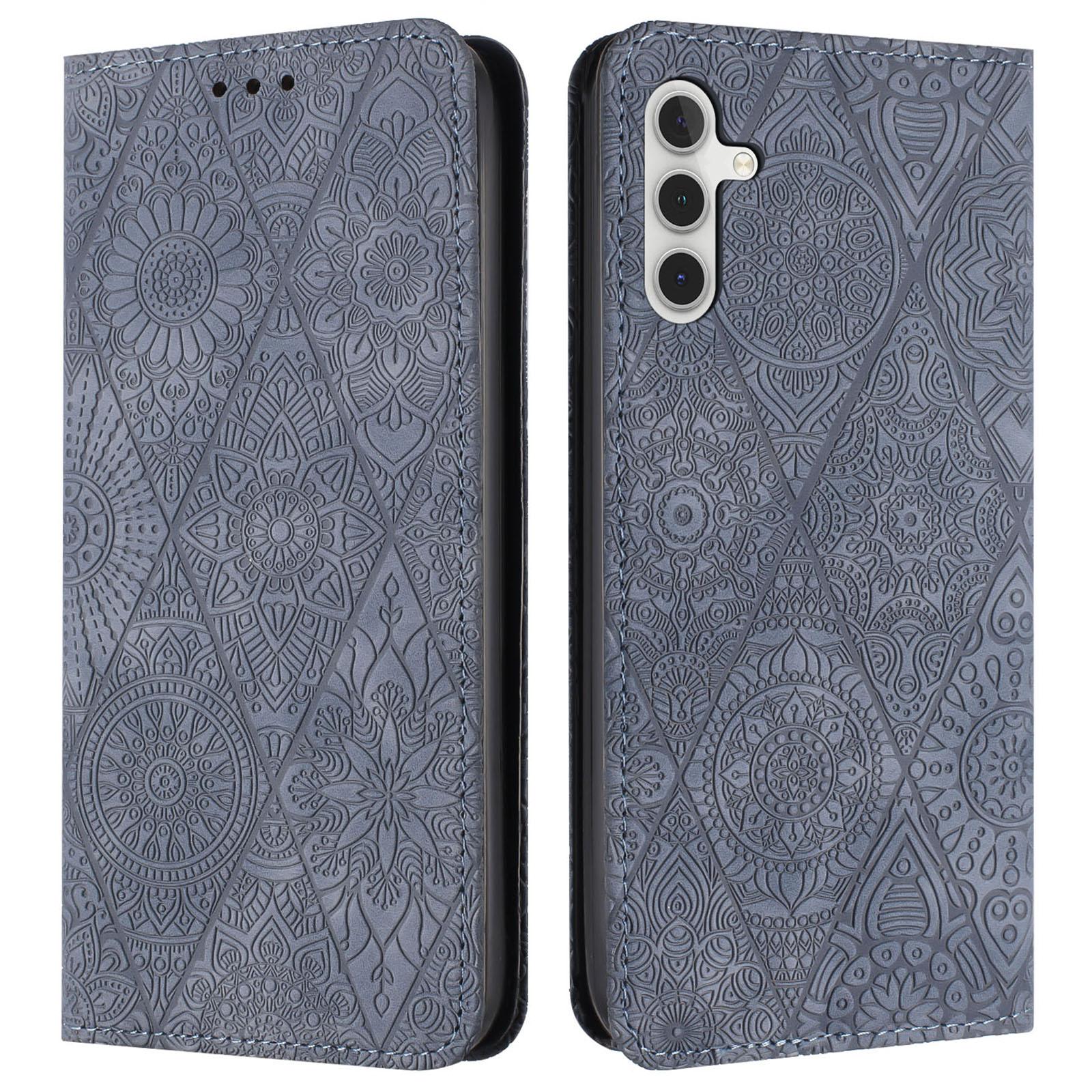 

For Samsung Galaxy A17 5G Case Imprinted Flower Wallet Stand Leather Phone Cover Grey
