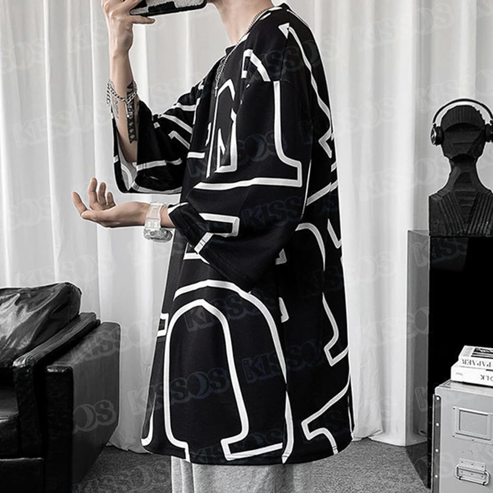 KISSOS Loose Fit Korean Casual Top Men's T-Shirt, All-Over Print, 3/4 Sleeve, Fashion, (XL)