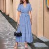 New Boho Swiss Dot Maxi Dress for Women, V Neck Flowy Short Sleeve Tie Waist A Line Long Dress