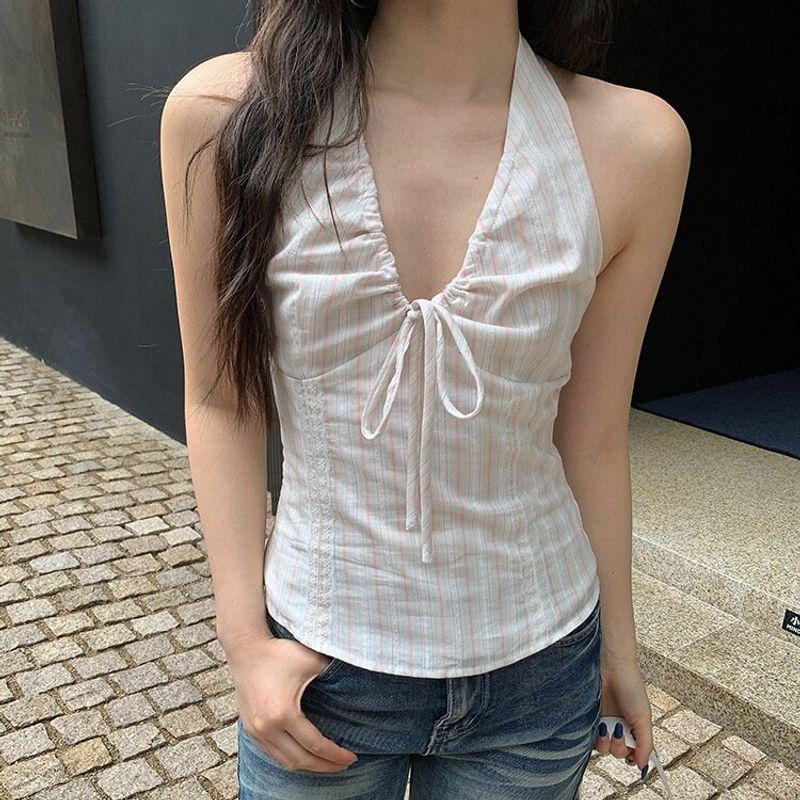 Women's French Retro Pure Desire Style Top, Sexy Summer Backless Lace-Up Camisole, Sweet and Spicy Trendy Beachwear