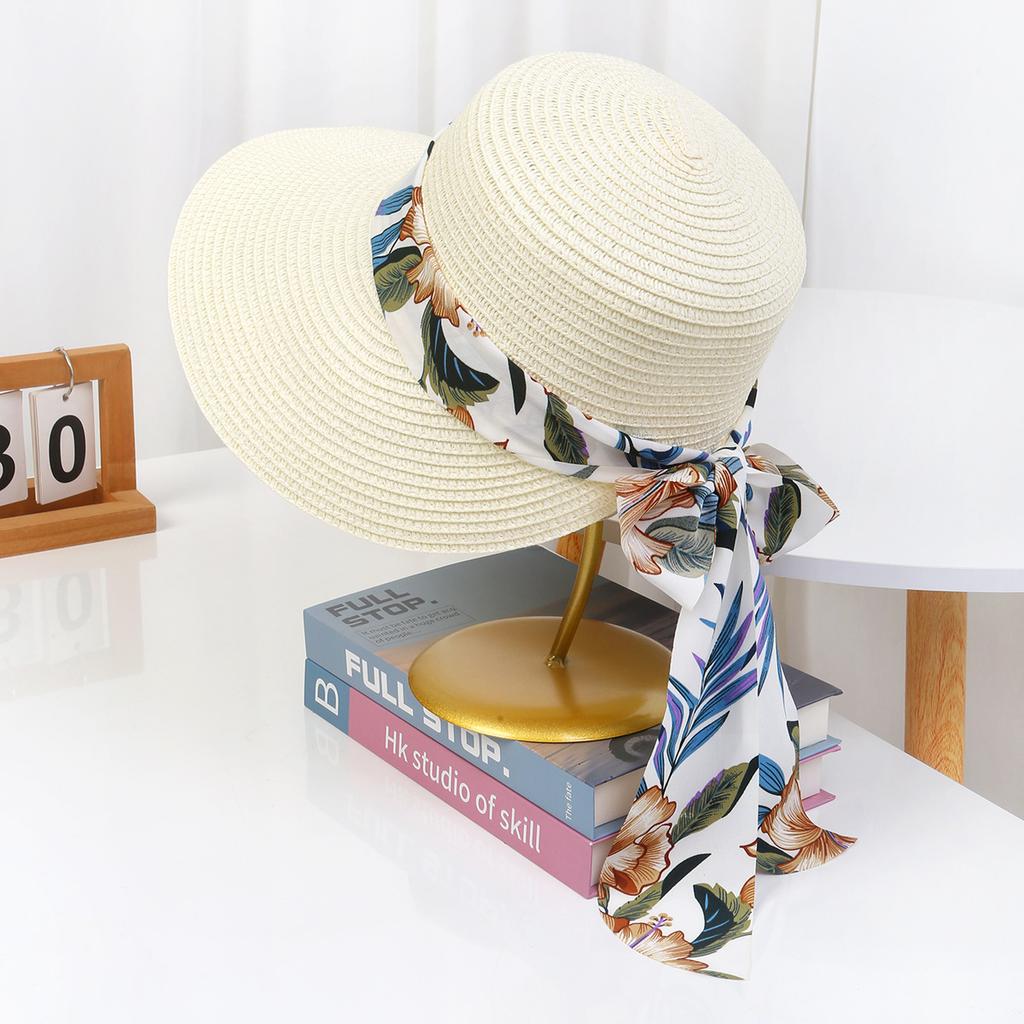 Lace Bow Straw Hat Women's Summer French Large Brim Sunscreen Hat Seaside Beach Vacation Sun Hat