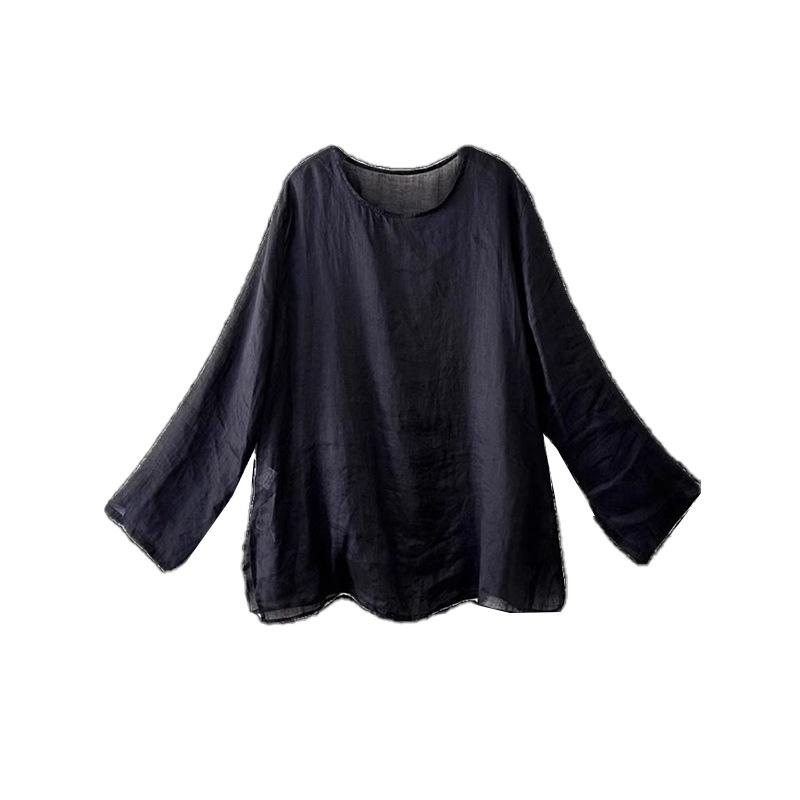 Loose Cotton and Linen Round Neck Long-sleeved T-shirt Spring and Summer New Light Medium and Long Pullover
