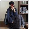 Retro Navy Blue Floral Skirt for Women In Springtime and Summer Pastoral High Waist Slim A-line Cake Skirt Mid-length Umbrella Skirt