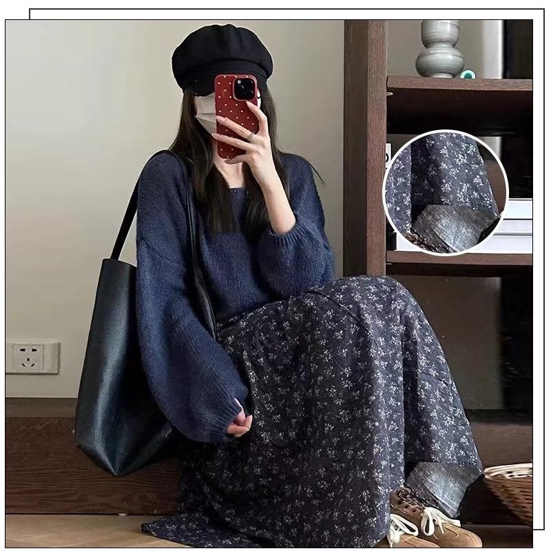 Retro Navy Blue Floral Skirt for Women In Springtime and Summer Pastoral High Waist Slim A-line Cake Skirt Mid-length Umbrella Skirt