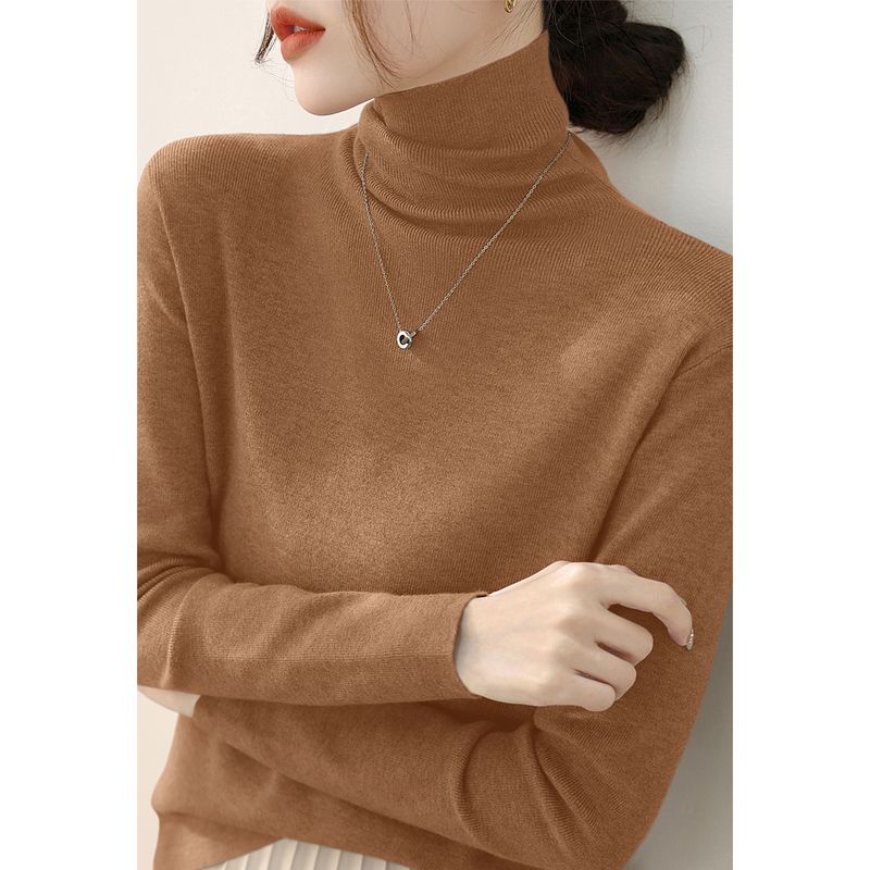 High-Grade Slim fit Pullover Pea Green Inner wear Base Women clothes Simple Pile Collar Spring Long sleeve Knit Top