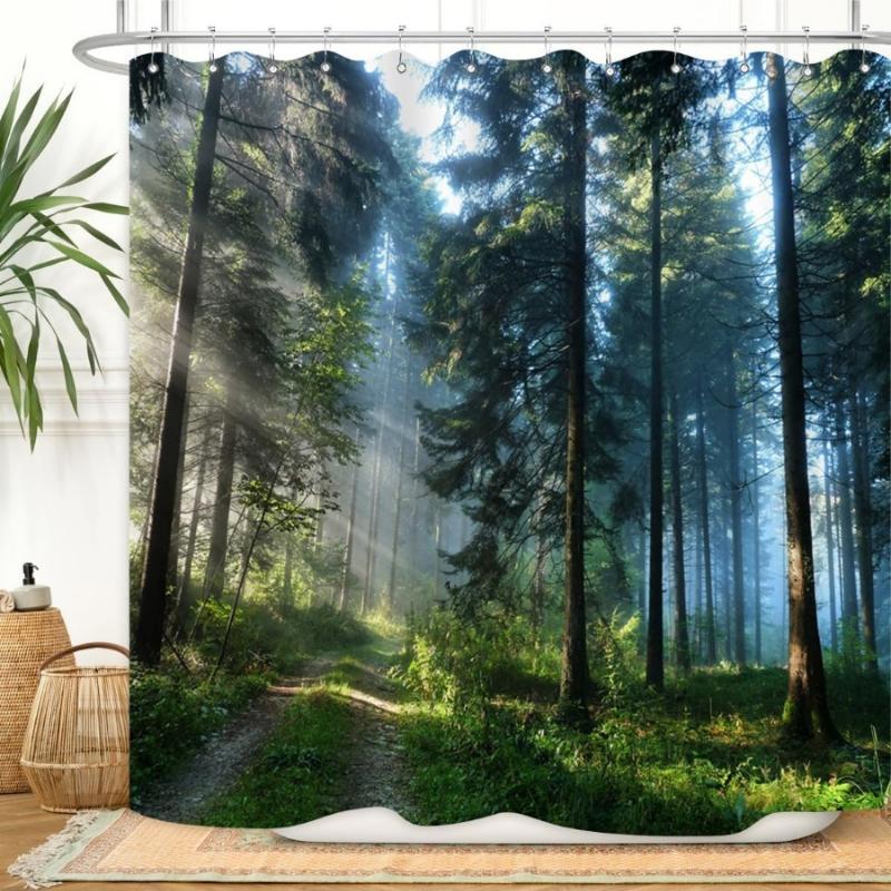 Trees Forest Sunlight Shower Curtain Straight Tall Trees Sunshine Attractive Nature Landscape Waterproof Fabric Bathroom Decor 90x180CM