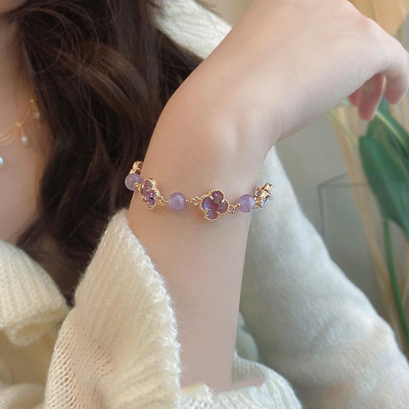 Handmade Purple Amethyst Moonstone Bracelet Women Clover Charm Boho Chic INS Style Jewelry Amethyst Style