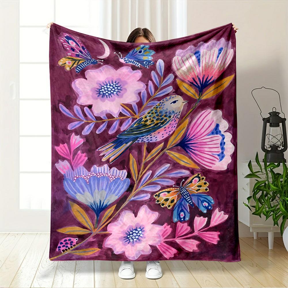 Colorful Floral and Birds Design Blanket Flannel blanket for bedroom, living room, sofa, and nap sofas
